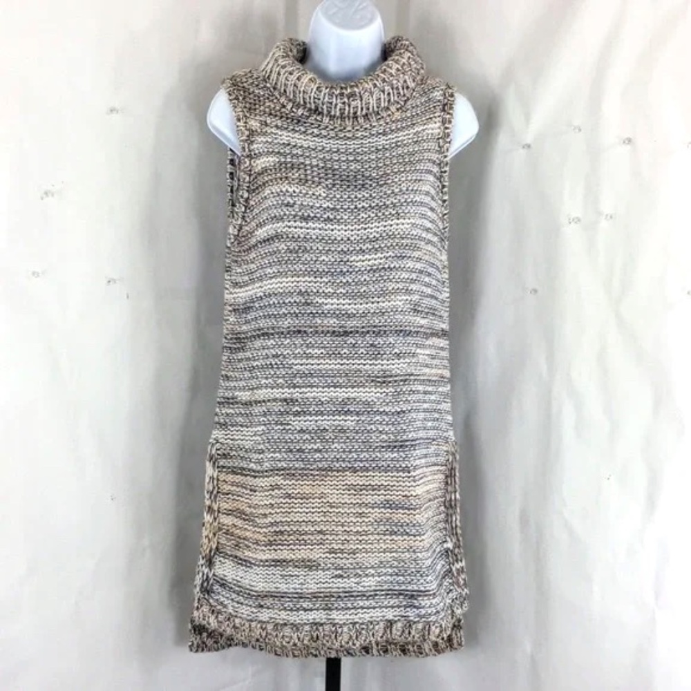 Cliche Sleeveless Chunky Knit Sweater Brown Gray Turtleneck Relaxed Fit Sz S